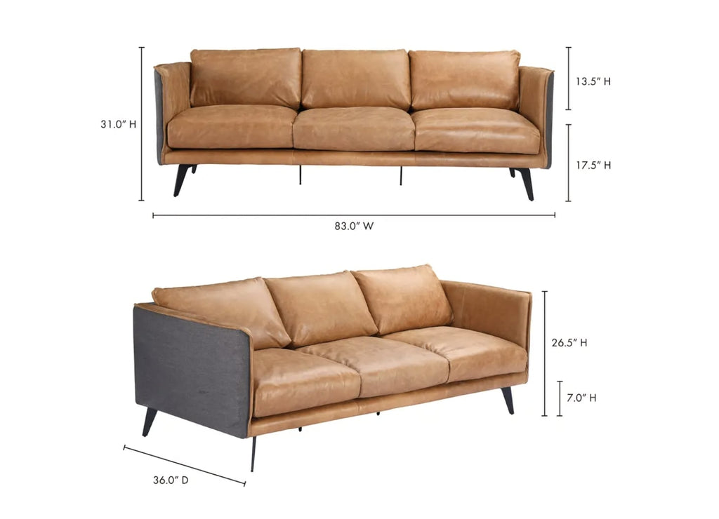 Messina Leather Sofa Cigare Tan Leather 83"